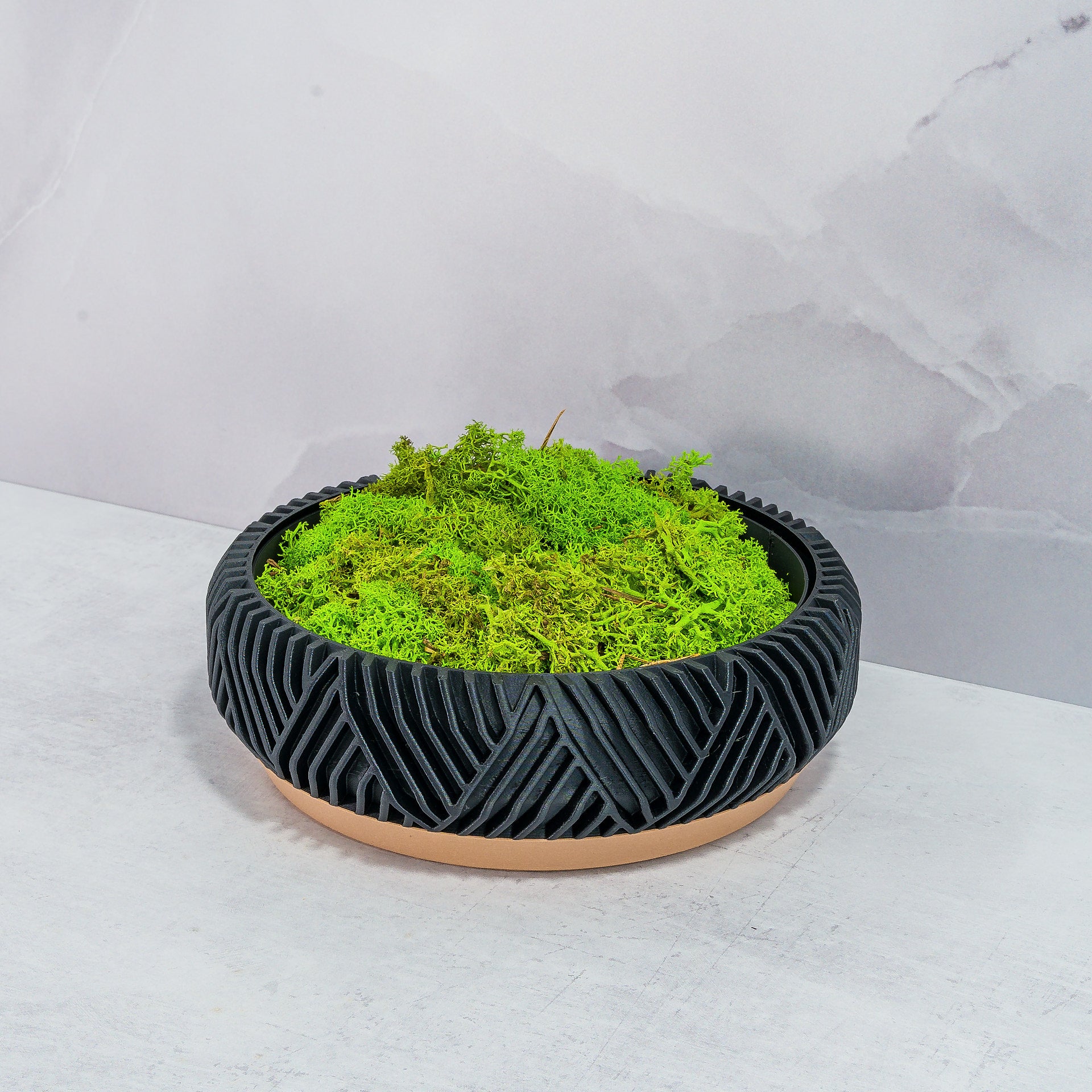 "PEAK bowl planter displayed at an angle with preserved moss in a custom insert, highlighting wood base and carbon fibre pattern."
