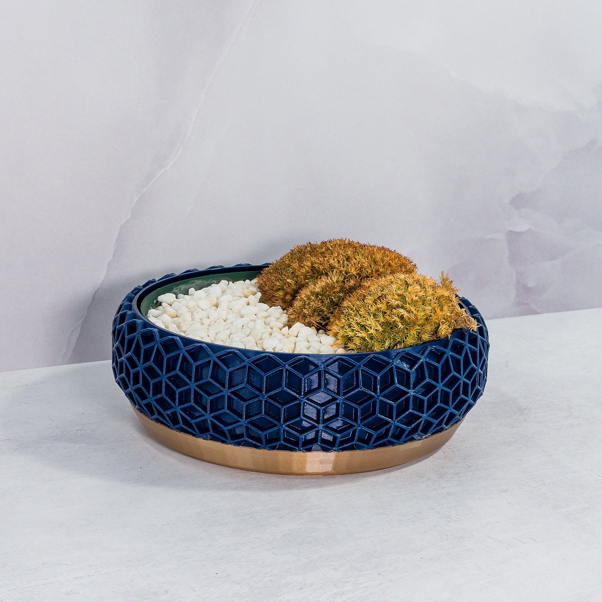 "Angled view of HONEYCOMB bowl planter displaying moss buns in a custom-fit insert, highlighting gold and navy motif."
