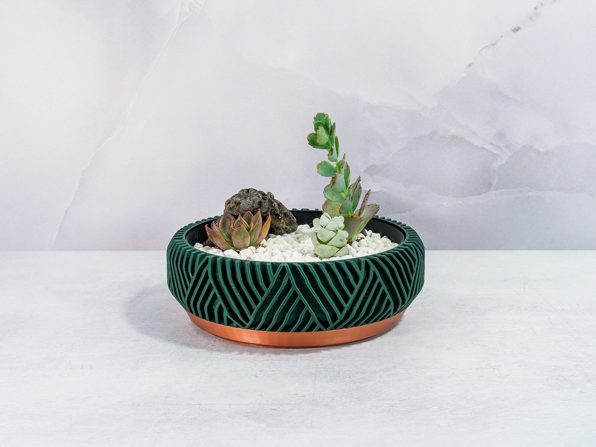 "Front-facing PEAK bowl planter featuring a diverse succulent garden in a fitted insert, emphasising copper and forest motif."
