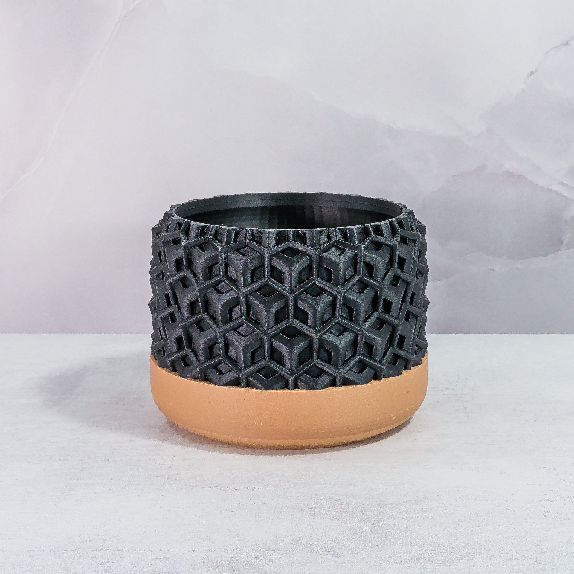 Front Facing: "TRANSFORM planter with wood base and carbon fibre pattern, front view."
