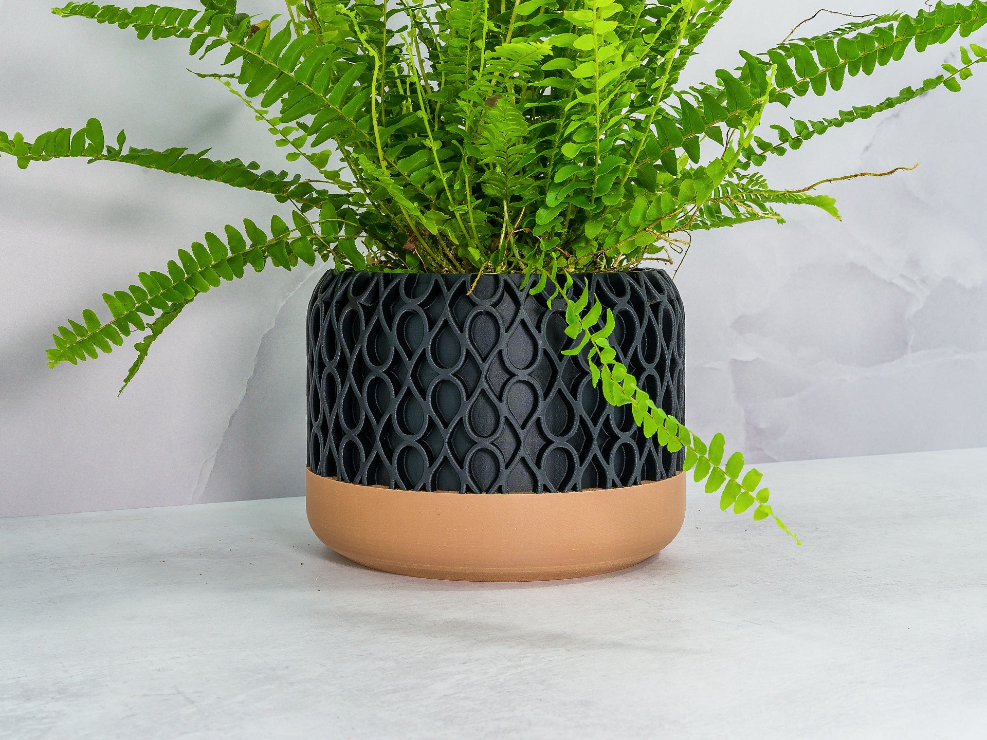 Angled with Fern: "Angled view of DROPLET planter with wood base and carbon fibre pattern, showcasing a fern plant."
