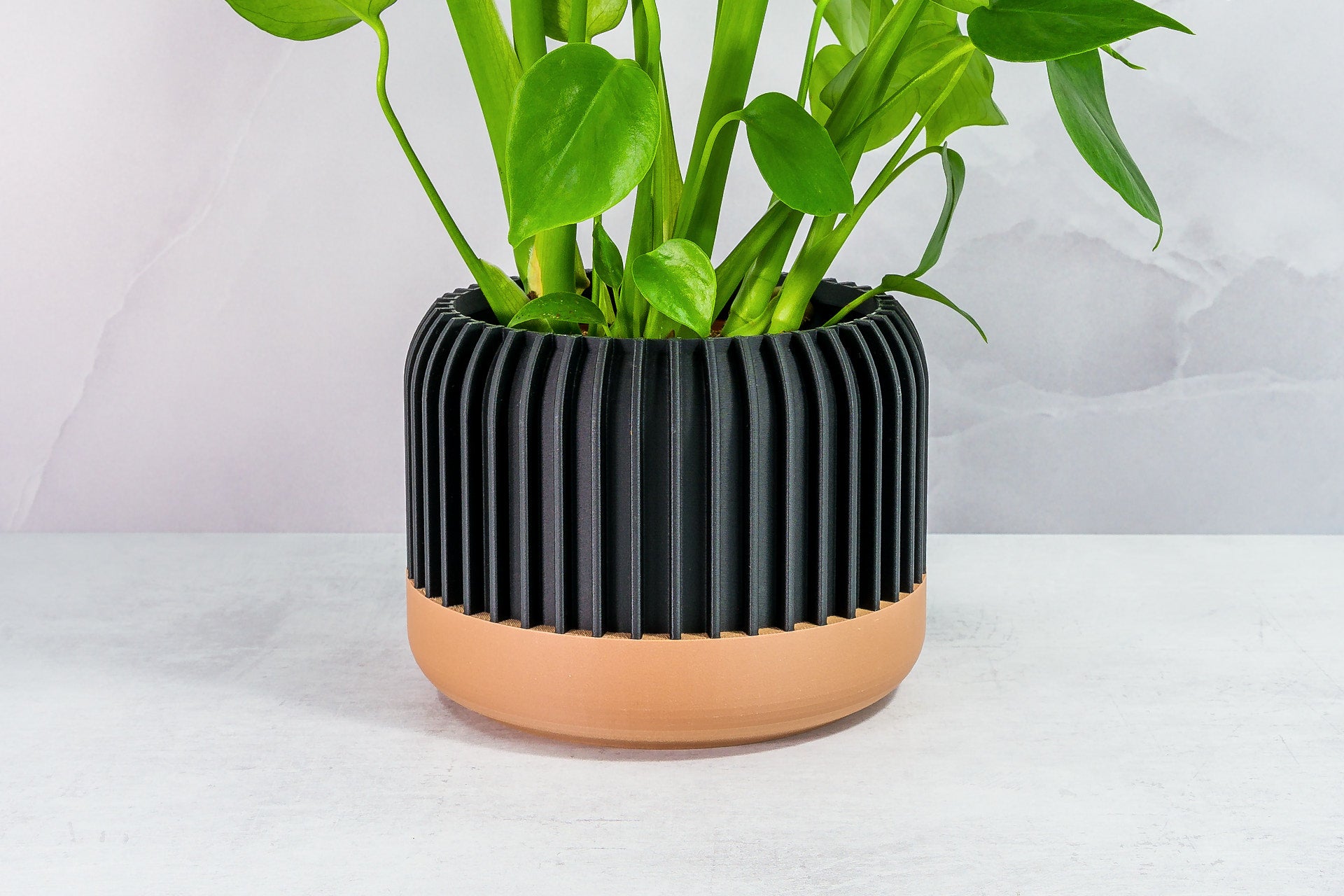 Zoomed In with Monstera: "Close-up of LINEAR planter with wood base and carbon fibre pattern, featuring a monstera plant."
