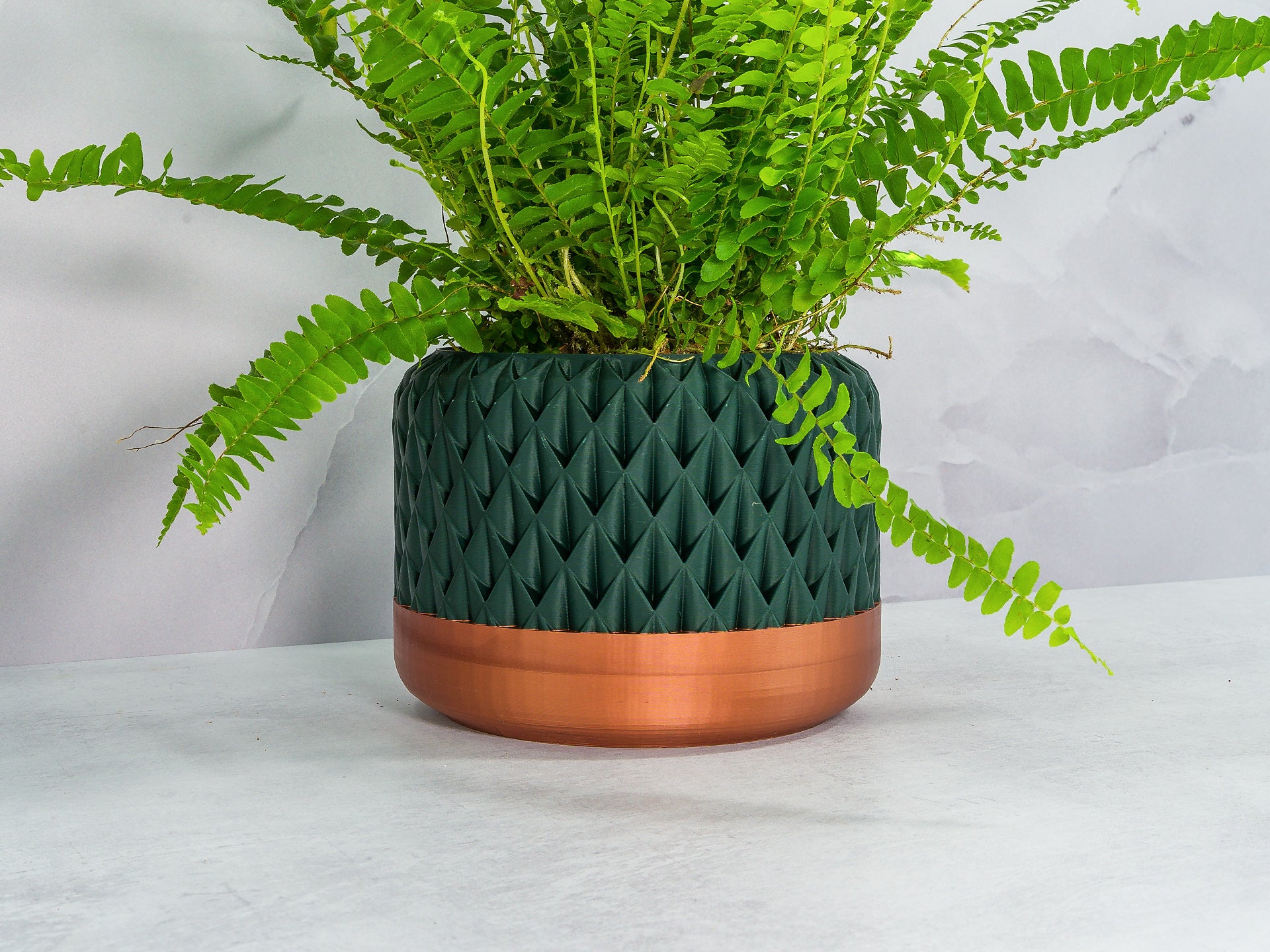 Angled with Fern: "Angled view of ANANAS planter with copper base and forest pattern, showcasing a fern plant."
