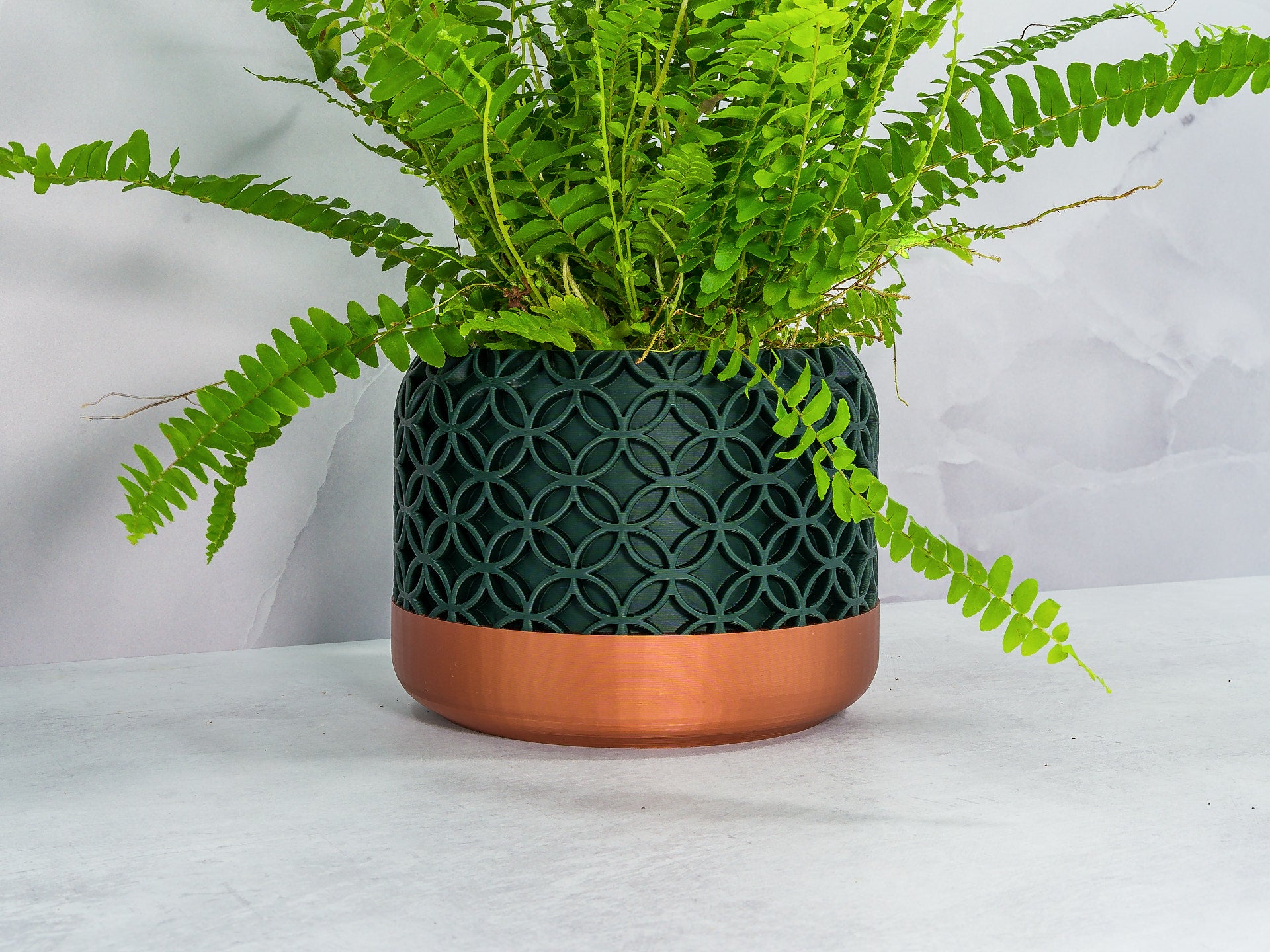 Angled with Fern: "Angled view of BLOSSOM planter with copper base and forest pattern, showcasing a fern plant."
