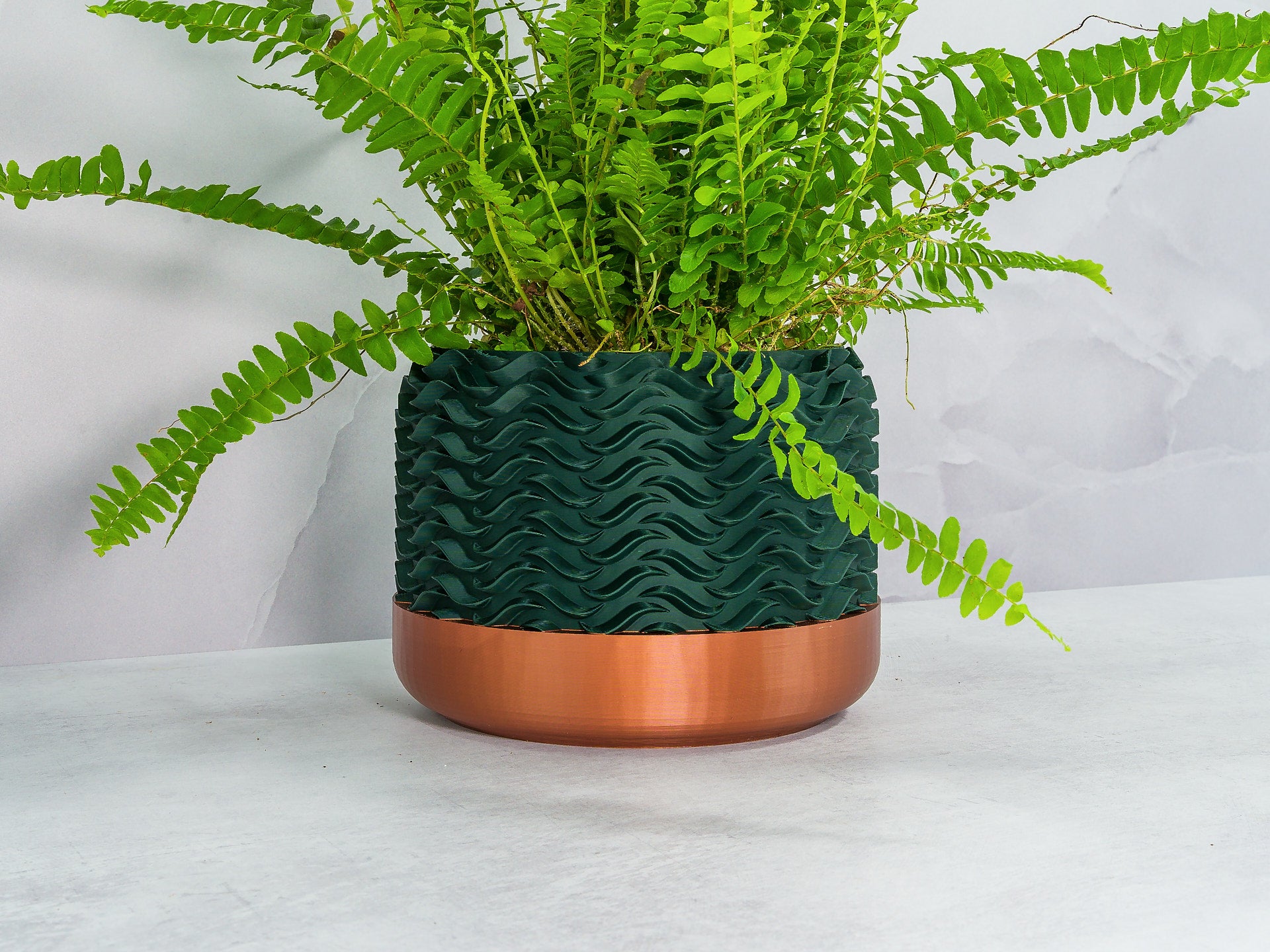 Angled with Fern: "Angled view of TIDAL planter with copper base and forest pattern, showcasing a fern plant."
