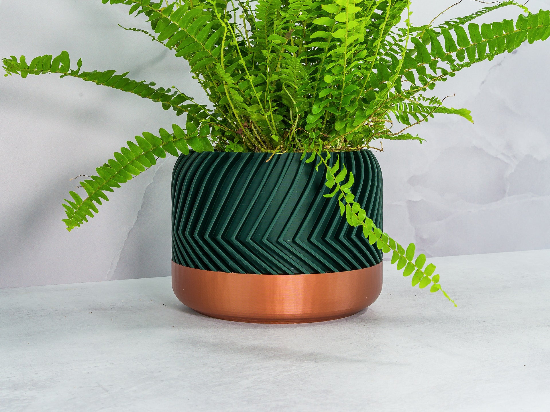 Angled with Fern: "Angled view of TREAD planter with copper base and forest pattern, showcasing a fern plant."
