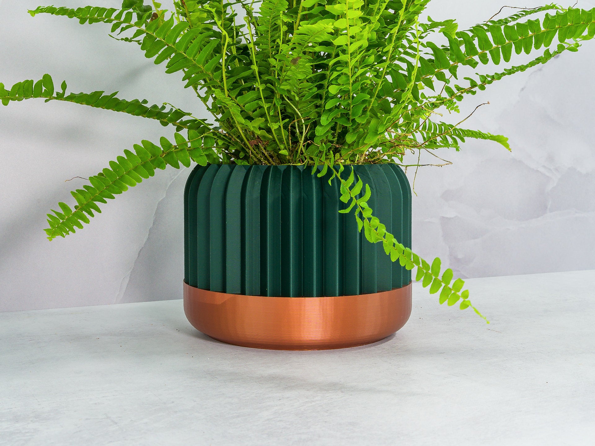 Angled with Fern: "Angled view of TRILINEAR planter with copper base and forest pattern, showcasing a fern plant."
