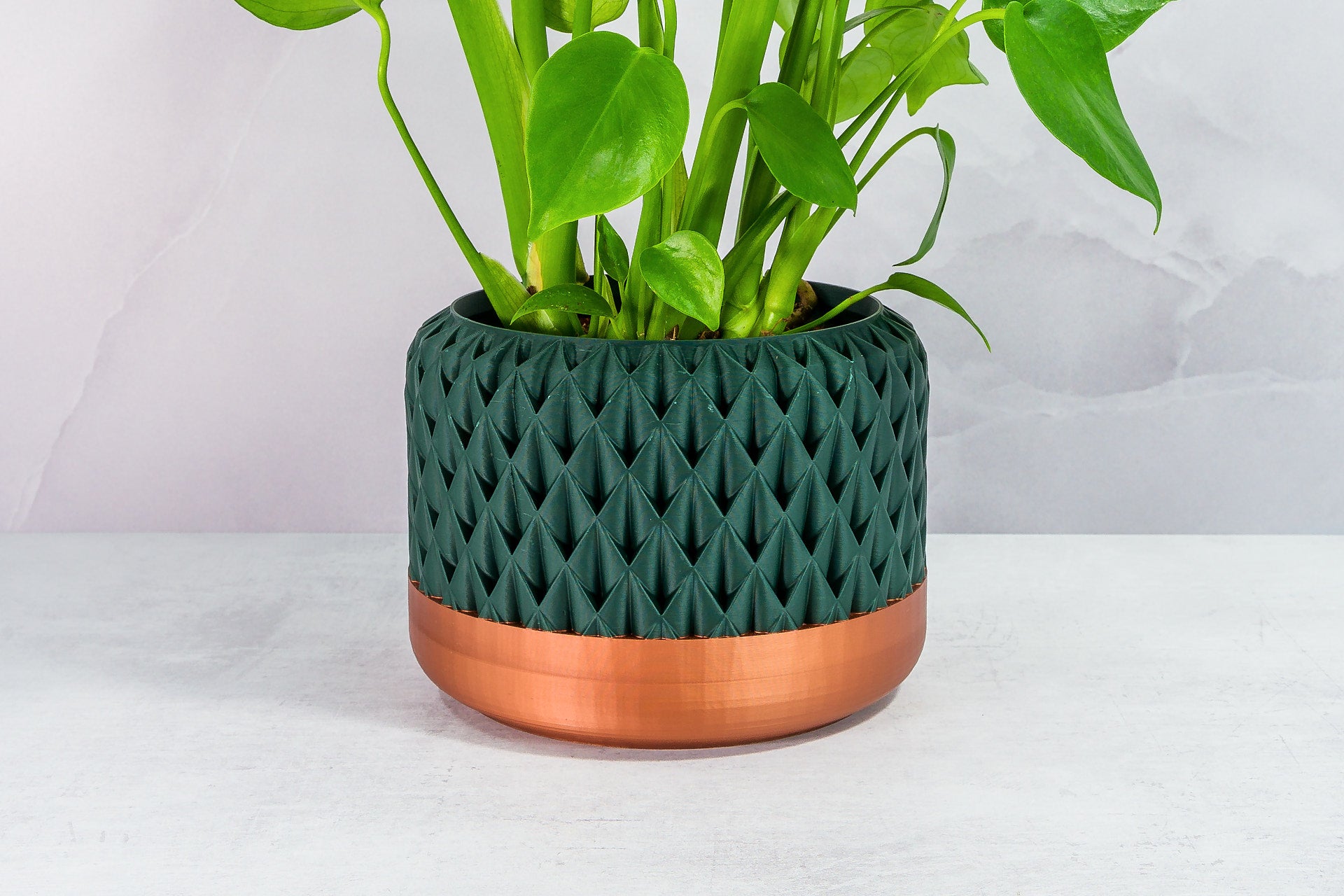 Zoomed In with Monstera: "Close-up of ANANAS planter with copper base and forest pattern, featuring a monstera plant."
