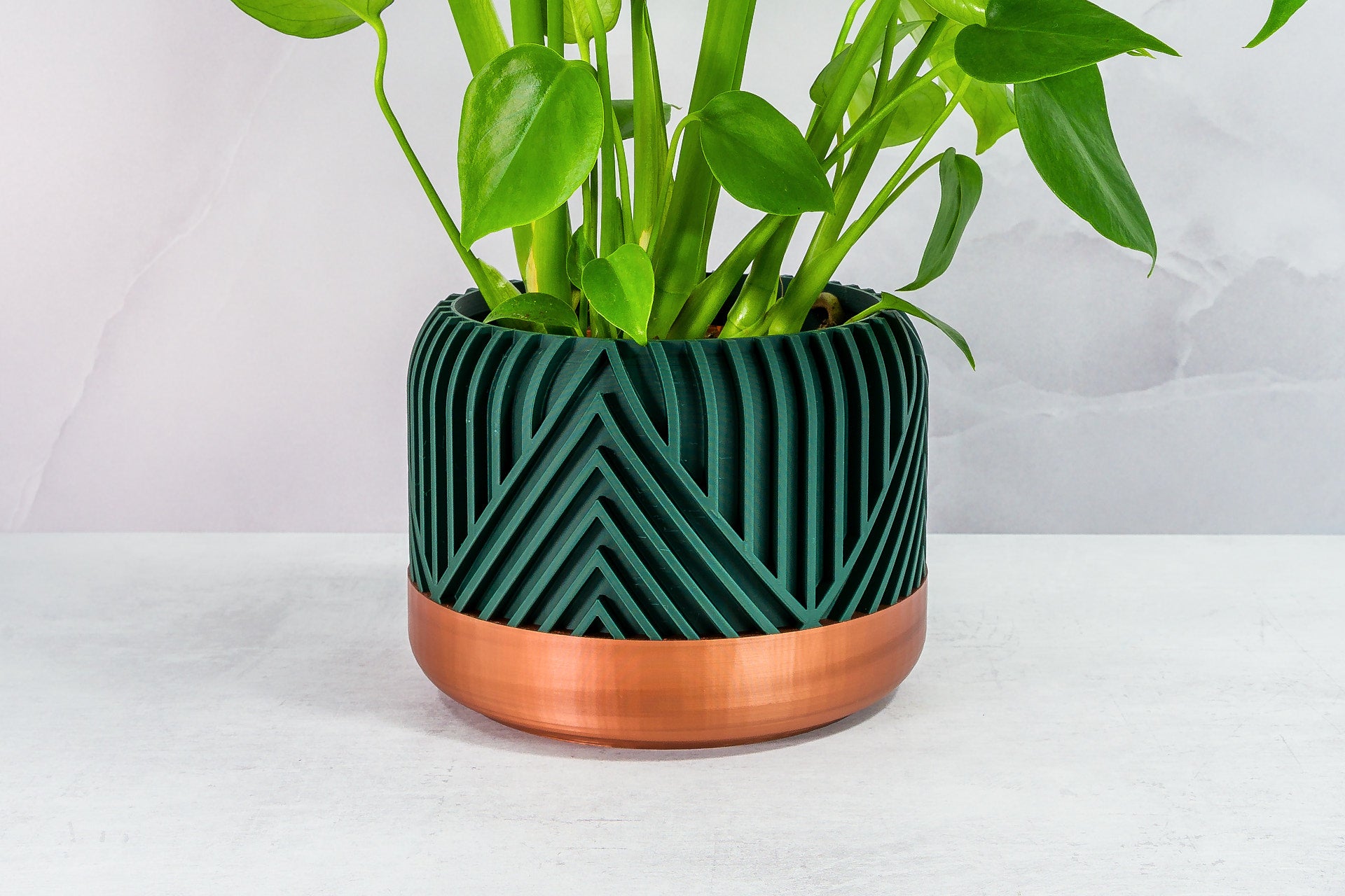 Zoomed In with Monstera: "Close-up of VERTI planter with copper base and forest pattern, featuring a monstera plant."
