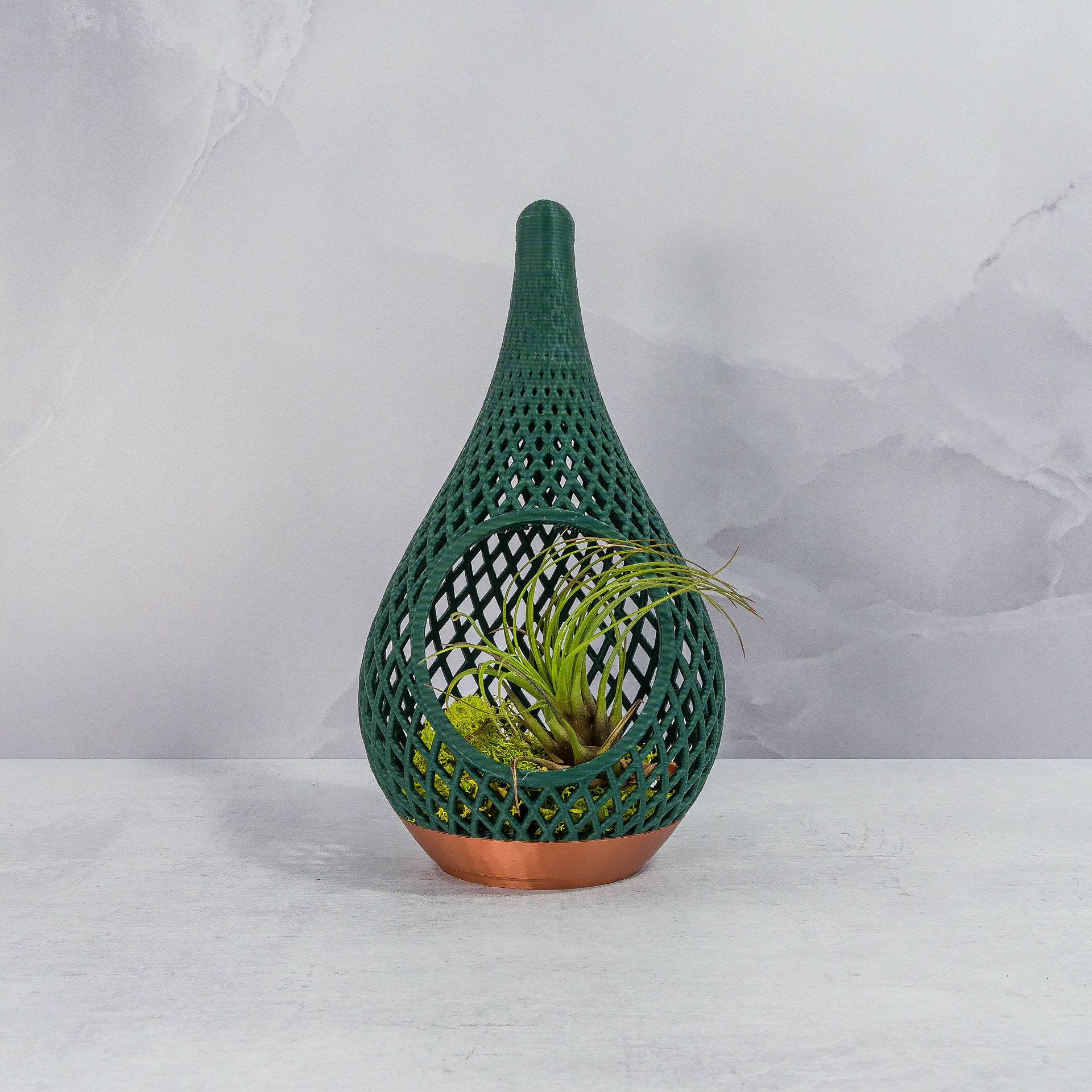 "Sitting, front-facing COPPER AND FOREST GREEN TEARDROP planter displayed with preserved moss and a delicate air plant, enhancing its natural aesthetic."
