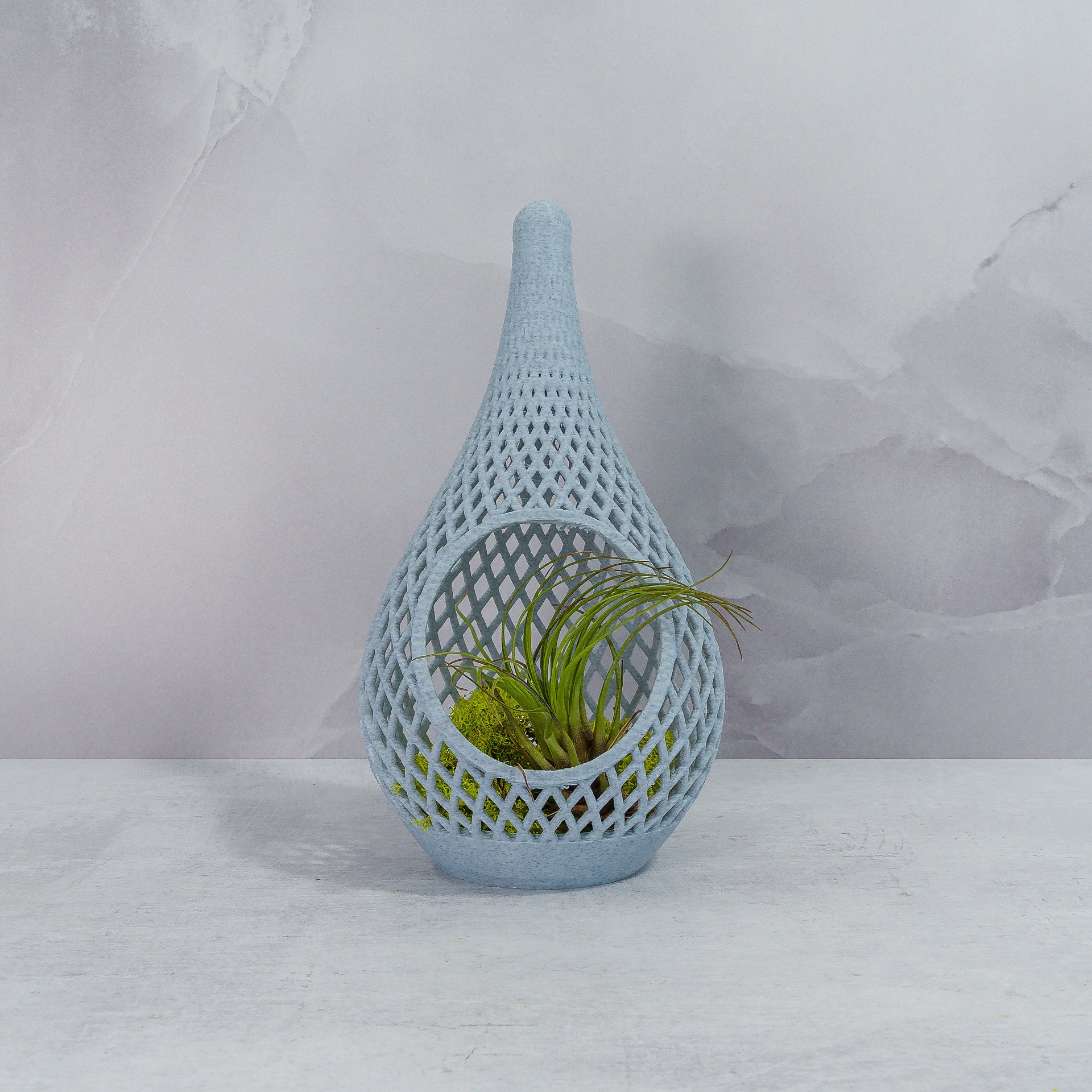 "Sitting, front-facing MARBLE TEARDROP planter displayed with preserved moss and a delicate air plant, enhancing its luxurious aesthetic."
