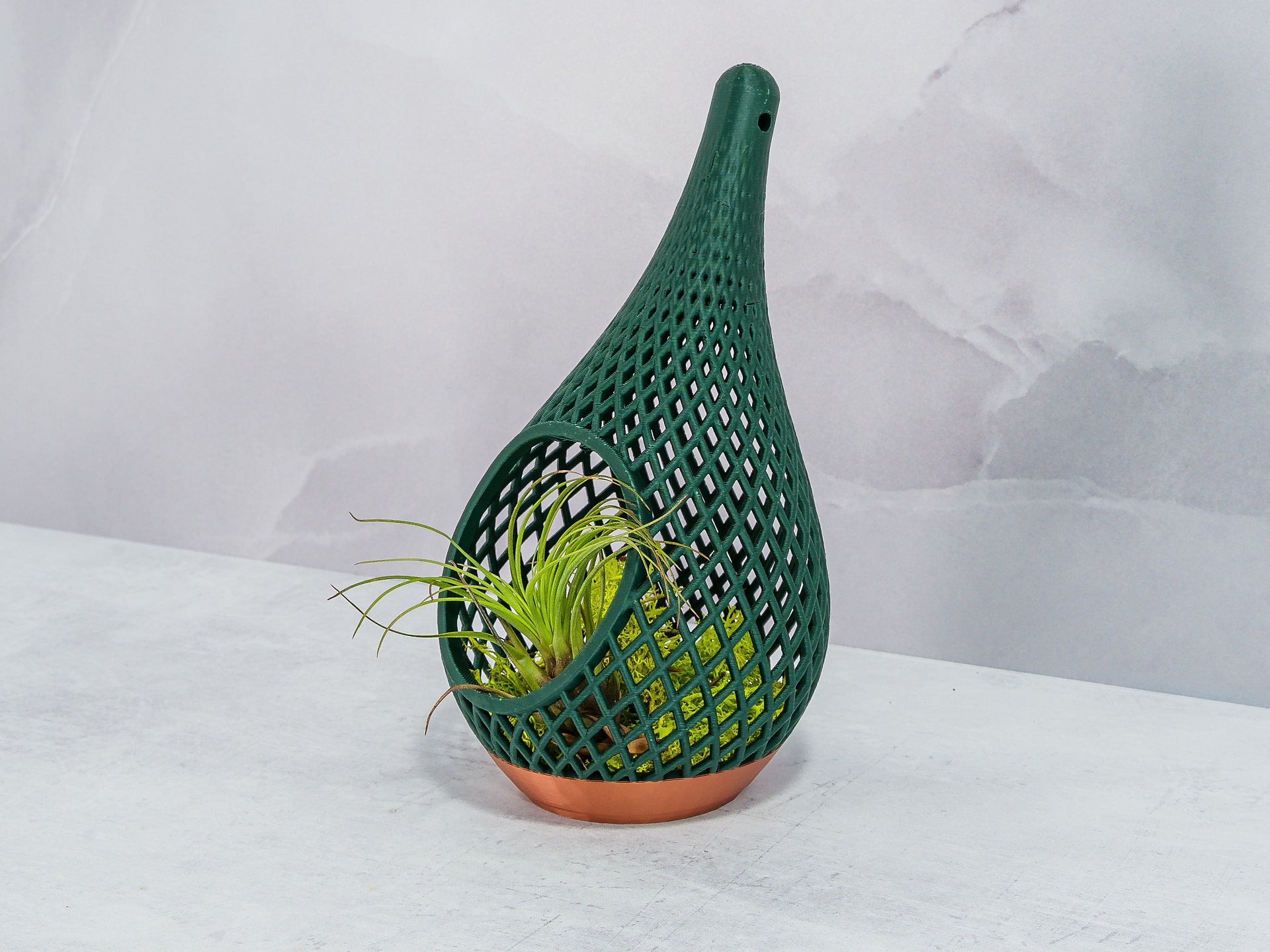 "Angled view of COPPER AND FOREST GREEN TEARDROP planter sitting and showcasing preserved moss with an air plant, highlighting textures and colors."
