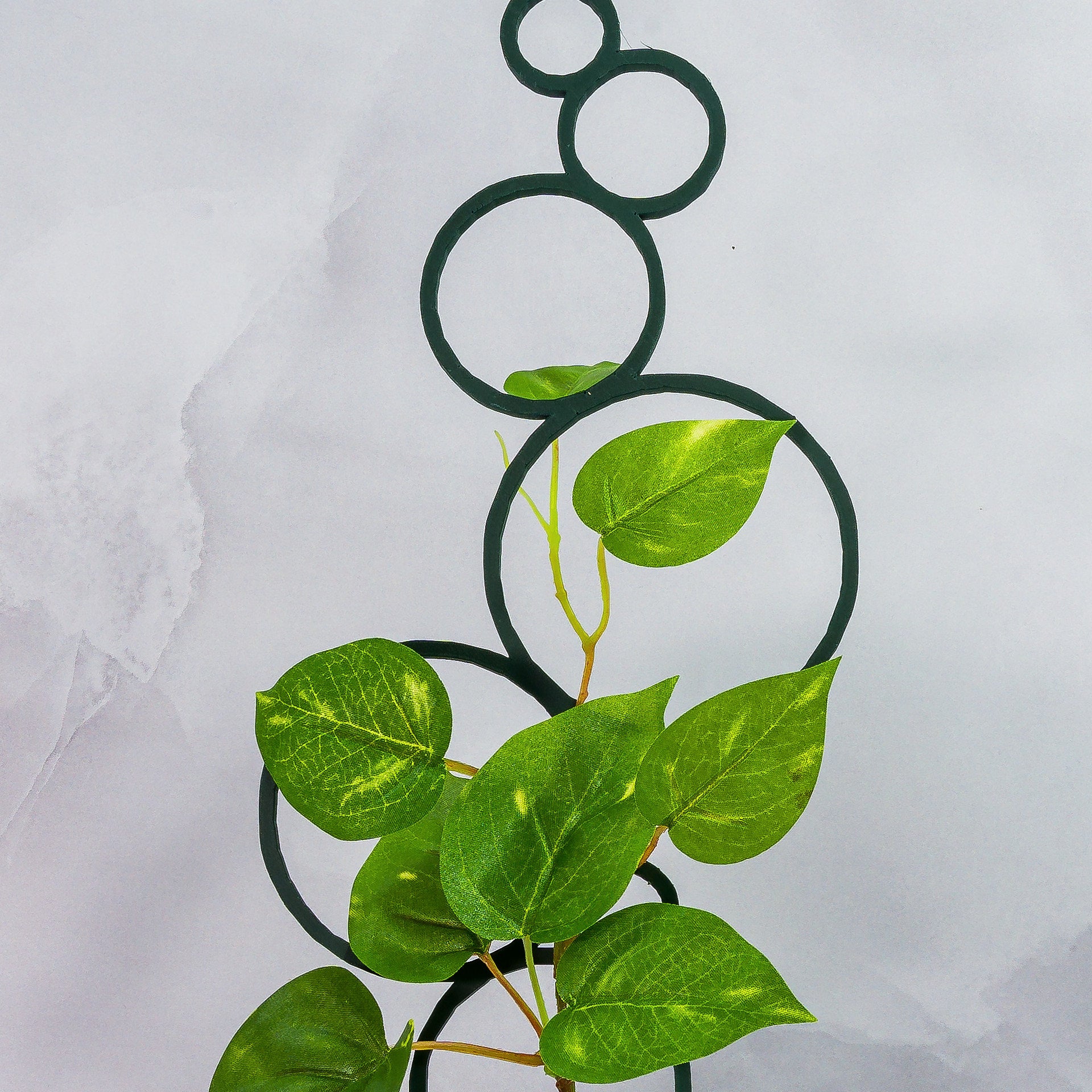 "Close-up of FOREST GREEN Circles Trellis Spike with climbing plant, highlighting intricate bubble pattern."
