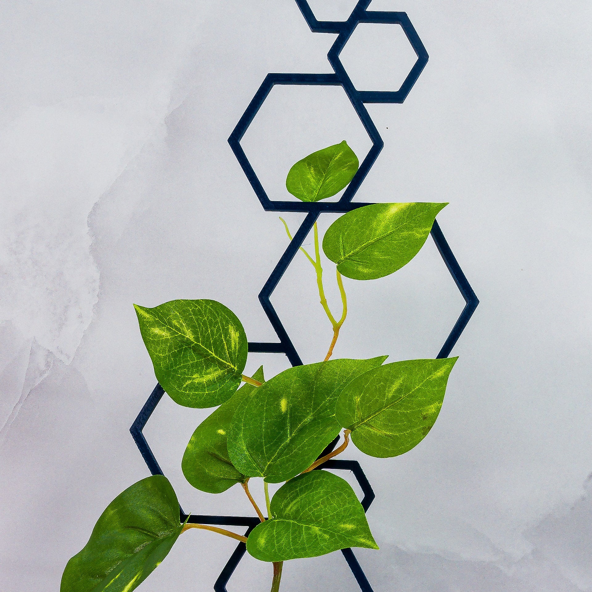 "Close-up of NAVY Hexagons Trellis Spike with climbing plant, emphasising elegant colour contrast."
