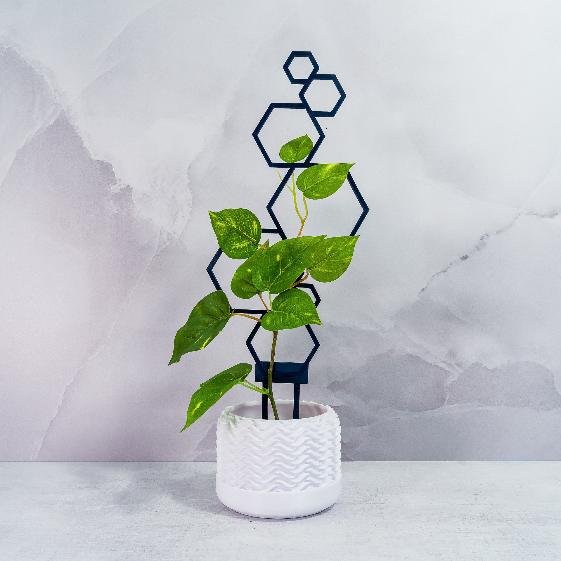 "NAVY Hexagons Trellis Spike supporting a lush climbing plant, front-facing shot."
